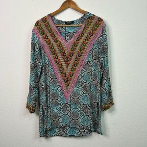 Tolani Multicolor Katarina Silk Printed Hooded‎ Tunic V Neck Women’s Small